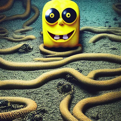 Image similar to ominous spongebob staring into your soul with realistic, slimy, tentacles in background, scary, rendered in blender, horror, gloomy, dark, terrifying, terror, frightful, super detailed octane render,