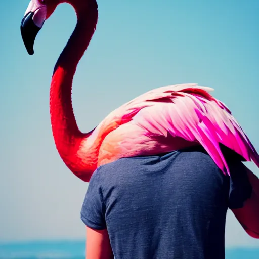 Prompt: a man confidently straddling a flamingo's back, detailed, photo, 4k