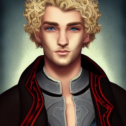 Image similar to portrait, 27 years old man, blue eyes, blond curls, charming, handsome :: rich expensive medieval clothes :: high detail, digital art, fantasy, RPG, concept art, illustration