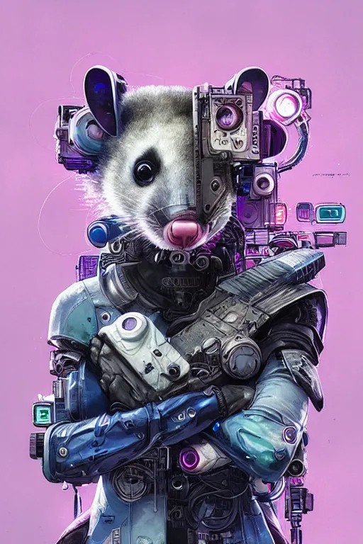 Image similar to a beautiful portrait of a cute cyberpunk opossum by sandra chevrier and greg rutkowski and wlop, purple blue color scheme, high key lighting, volumetric light, digital art, highly detailed, fine detail, intricate, ornate, complex, octane render, unreal engine, photorealistic