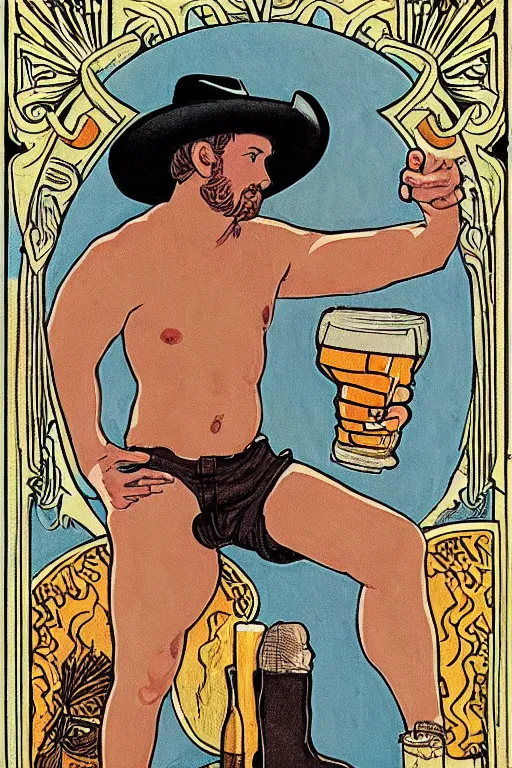 Prompt: a beautiful tarot card of a handsome! shirtless cowboy wearing cowboy hat and boots with a chunky build and beer belly next to a campfire, homoerotic!, art deco!, art nouveau!, by Walter Crane, by Mark Maggiori, trending on artstation