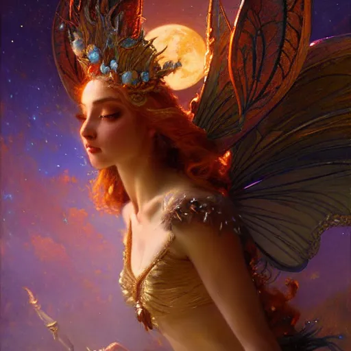 Image similar to attractive fairy queen fly high in the night, fantasy, full moon in background. hyper detailed painting by gaston bussiere, craig mullins, j. c. leyendecker, mid shot, 8 k, cryengone, cinematic lighting, beautiful,