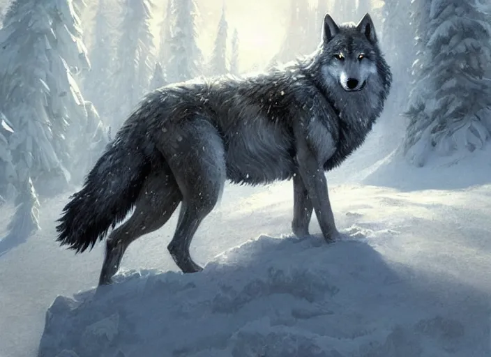 Prompt: Wolf in a snowfield , a fantasy digital painting by Greg Rutkowski and James Gurney, trending on Artstation, highly detailed