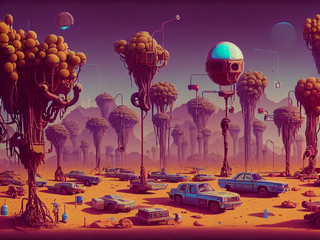 Prompt: 80s outdoor retro arcade, videogames, desolate, desert oasis vegetation:: Simon Stålenhag and beeple and James Gilleard and Justin Gerard :: ornate, dynamic, particulate, intricate, elegant, highly detailed, centered, artstation, smooth, sharp focus, octane render, 3d