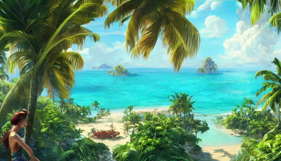 Prompt: tropical island with palms, drone view, top lighting, art by artgerm and charlie bowater and wenjun lin and gil elvgren, ilya kuvshinov, mary jane ansell, cryengine, lumion render, 8 k realistic, hyper detailed, digital painting, artstation, concept art, ray tracing, realistic shaded