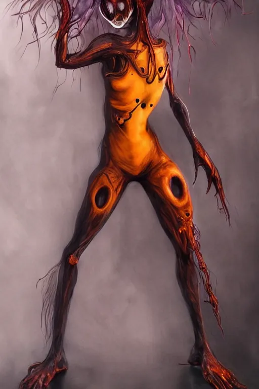 Image similar to dark full body painting of tracer from overwatch, in style of zdzisław beksinski, scary, horror, 4 k, feminine facial features, overwatch tracer character, horror, body horror, disturbing, detailed face, dressed in dark garment, black tendrils, tall, long legs,