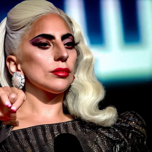 Image similar to Lady Gaga as president, Argentina presidential rally, Argentine flags behind, bokeh, giving a speech, detailed face, Argentina