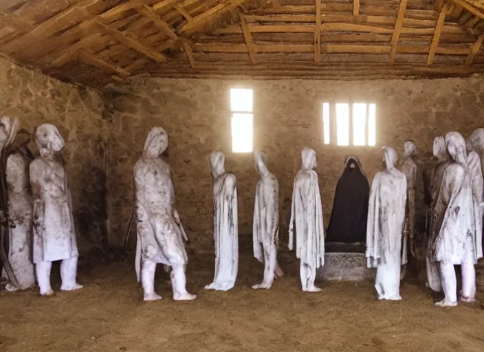 Image similar to photo of a queue of many cultists in a barn in front of a sacrificial altar with the head cultist hilding a ceremony knife in the center