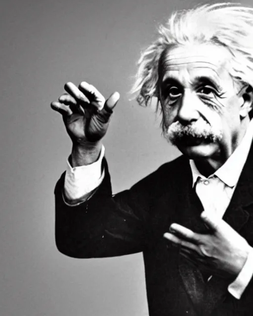 Image similar to an realistic photo of Albert Einstein holding an open palm with 7 fingers