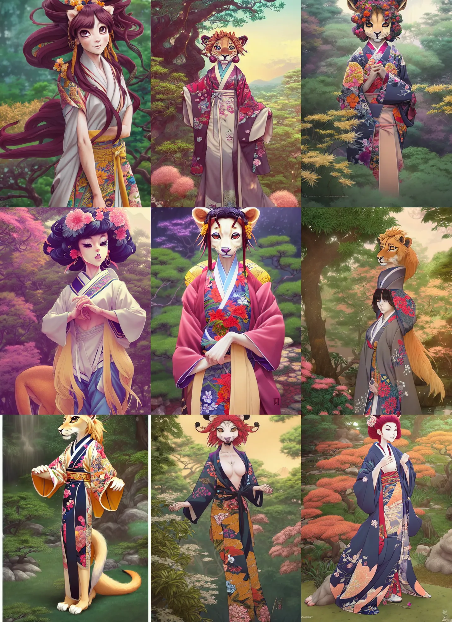 Prompt: beautiful full body portrait of a female anthropomorphic lioness fursona dressed wearing a ornate kimono in a japanese garden. character design by disney, anime, manga, charlie bowater, ross tran, artgerm, and makoto shinkai, detailed, soft lighting, rendered in octane