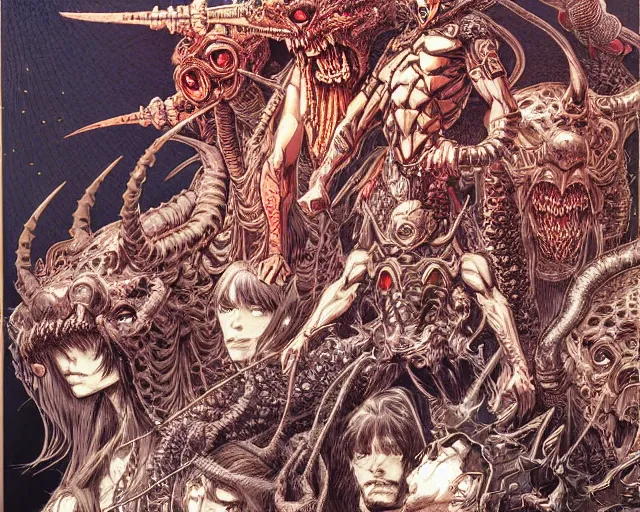 Image similar to hyper detailed illustration of an army of demons, intricate linework, lighting poster by moebius, ayami kojima, 90's anime, retro fantasy