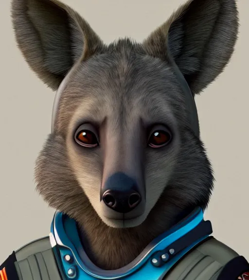 Image similar to digital detailed portrait of anthromorphic female hyena, in style of zootopia, fursona, furry, furaffinity, 4 k, deviantart, wearing astronaut outfit, in style of disney zootopia, floating in space, space background, in deep space, dark background, hyena fursona, cyberpunk, female, detailed face, style of artgerm,