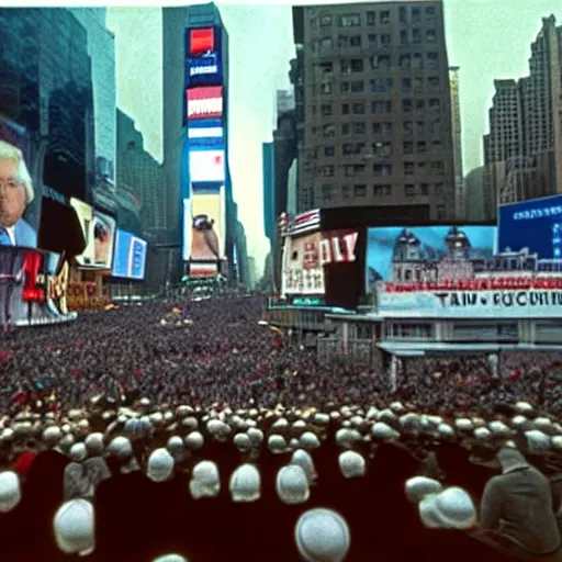 Prompt: still of donald trump clones invading time square, in barry lyndon ( 1 9 7 9 ), morning photograph