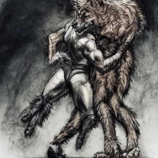 Image similar to a humanoid german shepherd beast - man wrestling with another german shepherd in the middle of an arena, pencil art, added detail, high definiton, colored, aerial viewyoji shinkawa