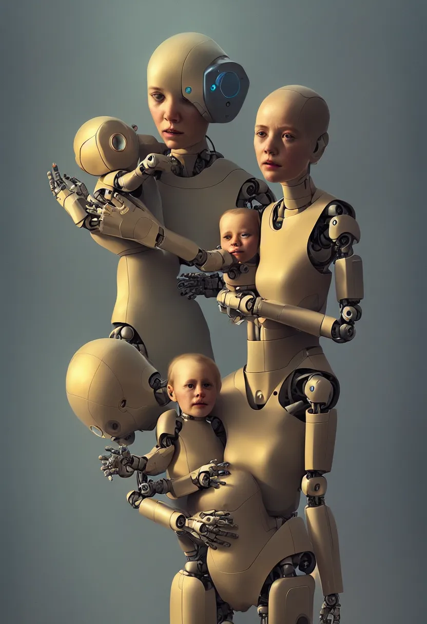 Image similar to female robot, holding young baby, dystopian, future, digital painting, concept art, golden ratio, rule of thirds, by wlop and stalenhag