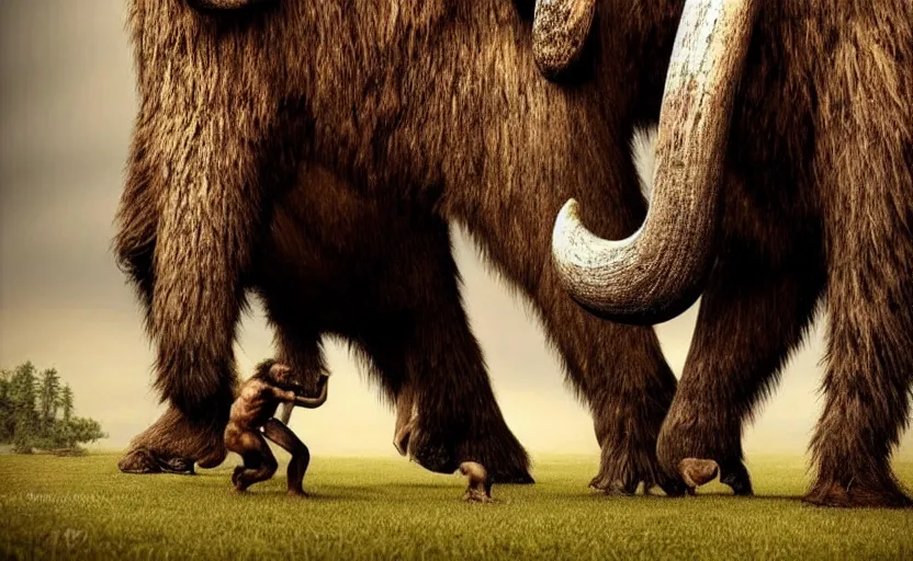 Prompt: made 1 5 0's neanderthal fighting with mammoth, perfect dynamic posture, perfect dynamic environment, perfect dynamic body form, perfect dynamic pose, trending pinterest, perfect dynamic position, award winning photo by national geographic, and pulittzer winner, realistic, bokeh, reduce duplication interference