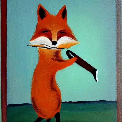 Prompt: painting of fox holding a knife with its mouth