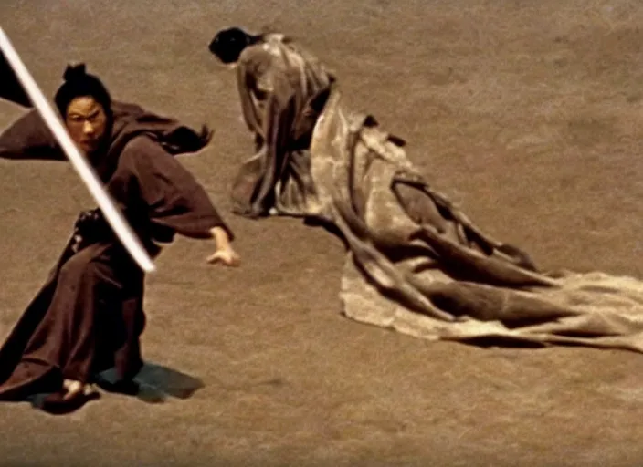 Image similar to a movie still of a samurai slicing through a loaf of bread by Akira Kurosawa