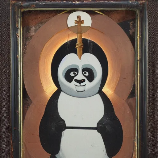 Image similar to a religious icon of kung fu panda with a halo, coal on wood, russia, 1 6 0 0