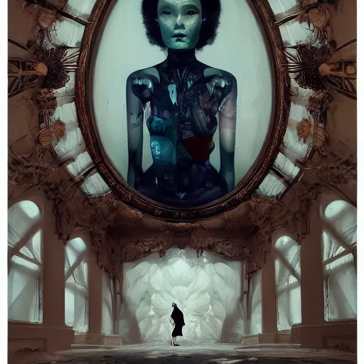 Image similar to 3 d, grim fashion model looks into the frame, intricate oil painting, high detail, figurative art, multiple exposure, poster art, 3 d, by stanley kubrick and tooth wu and wlop and beeple