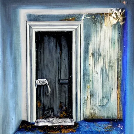 Image similar to a scary painting of a door in an moldy dusty frame