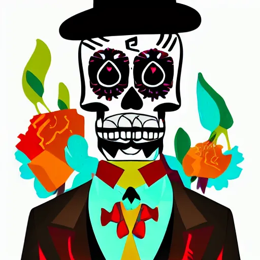 Image similar to manny calavera from grim fandango, game concept art, flat colours, bright colours, mexican, by peter chan, artstation,