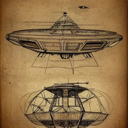 Image similar to vintage, detailed, colored sketch of ufo construction, all parts, with full descriptions, on parchment, by leonardo davinci!