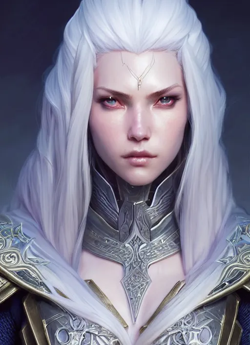 Image similar to light opal armor!!! long wild white hair!! covered chest!!! fantasy, d & d, intricate ornate details, symmetry, concept art, sharp focus, illustration, art by artgerm! greg rutkowski magali villeneuve wlop! ilya kuvshinov!!, octane render, unreal engine 5, highly rendered!!