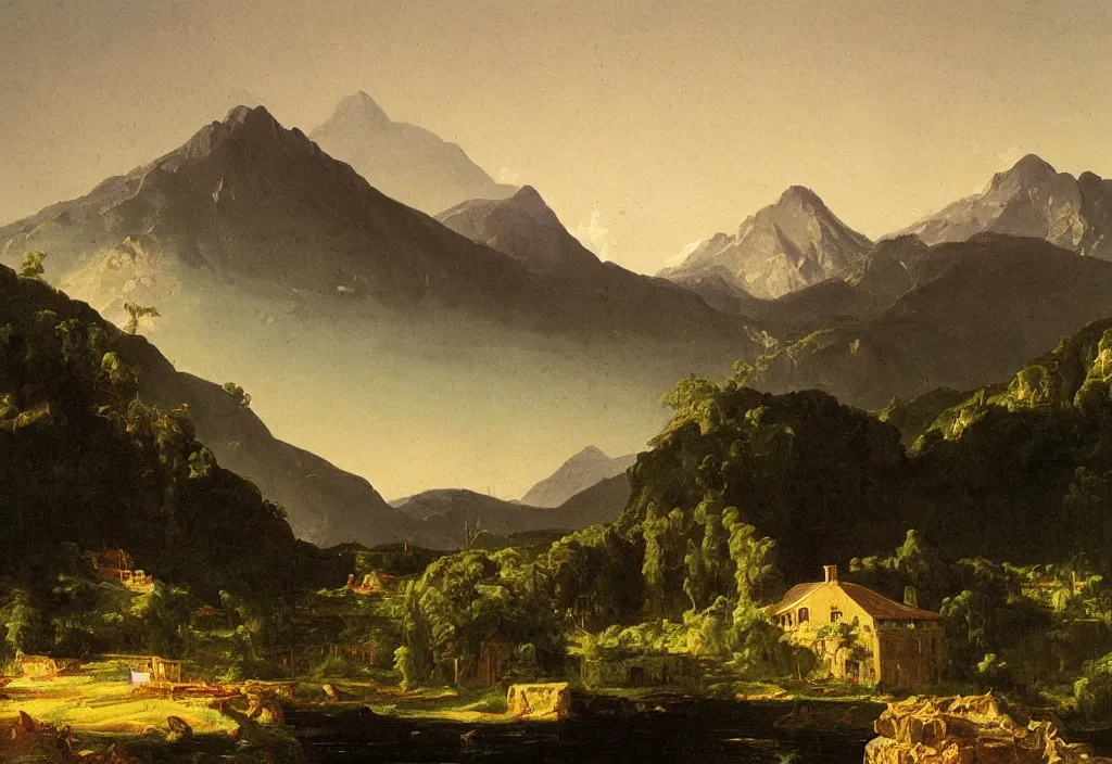 Image similar to painting of a rural town with mountains in the background, thomas cole