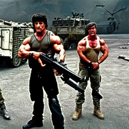 Image similar to stallone rambo and schwarzenegger commando loaded with weapons, derelict tech in the background