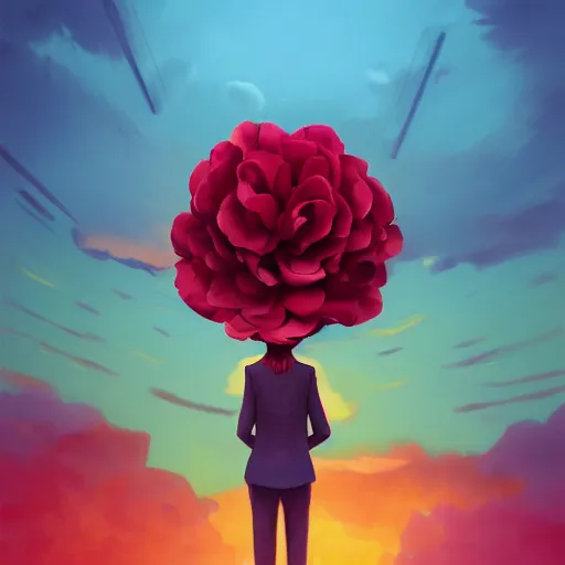 Image similar to portrait, giant rose flower head, girl in a suit, surreal photography, sunrise, blue sky, dramatic light, impressionist painting, digital painting, artstation, simon stalenhag