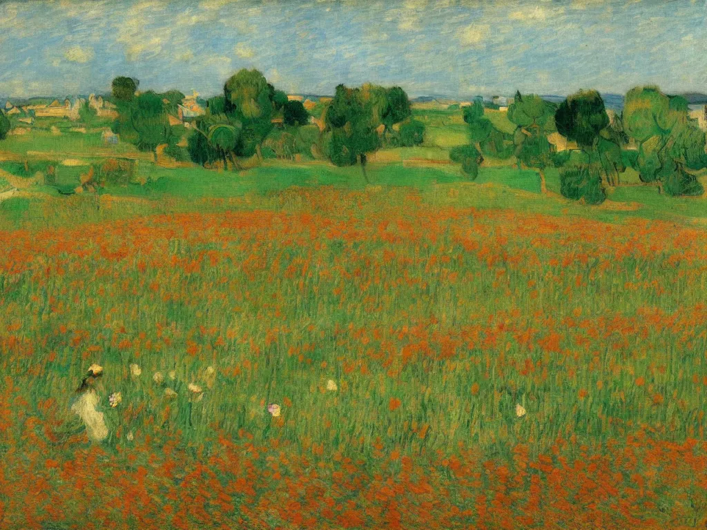 Image similar to an impressionist landscape depicting a field of tulips and rolling hills by ramon casas, edgar degas and van gogh