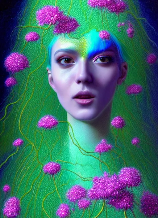 Prompt: hyper detailed 3d render like a chiariscuro Oil painting - Aurora (Singer) looking adorable and seen in attractive dynamic pose joyfully Eating of the fine Strangling network of thin rootlike filaments of yellowcake aerochrome and milky Fruit and Her delicate Hands hold of gossamer polyp blossoms bring iridescent fungal flowers whose spores black the foolish stars to her smirking mouth by Jacek Yerka, Mariusz Lewandowski, Houdini algorithmic generative render, Abstract brush strokes, Masterpiece, Edward Hopper and James Gilleard, Zdzislaw Beksinski, Mark Ryden, Wolfgang Lettl, hints of Yayoi Kasuma, octane render, 8k