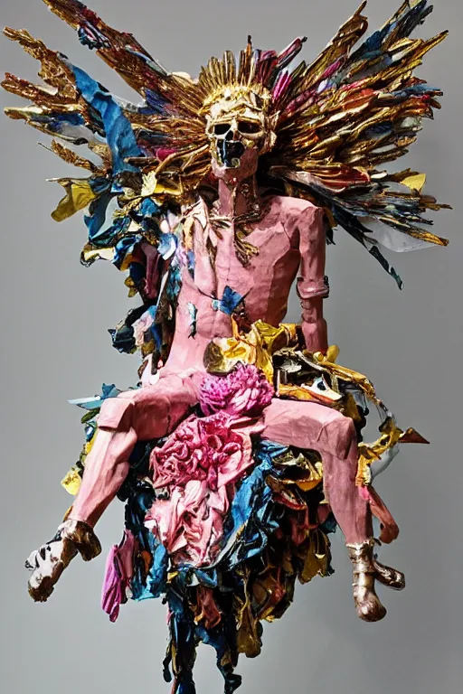 Prompt: papercraft scene made entirely of pipecleaners and crumpled foil of Jean-Michel Basquiat as a full-body bronze baroque statue of Icarus in the posing like a bird for flight, crown of peach roses, flowing pink-colored silk, fabric, flowers. baroque elements, human skull. full-length view. baroque element. intricate artwork by caravaggio. many many birds birds on background. Trending on artstation, octane render, cinematic lighting from the right, hyper realism, octane render, 8k, depth of field, 3D