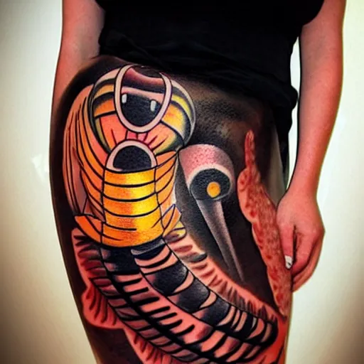 Image similar to a detailed tattoo of large fork in the style of bee movie on a female leg, wearing cute crimson - black bee - themed miniskirt, cinematic seductive lighting, beautiful composition