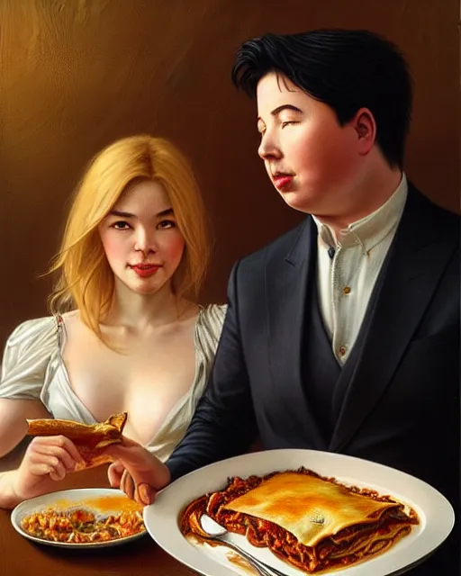 Image similar to Portrait of Michael Mcintyre & a blonde lady eating lasagna on r das flores in Porto,real life skin, intricate, elegant, highly detailed, artstation, concept art, smooth, sharp focus, art by artgerm and greg rutkowski and alphonse mucha