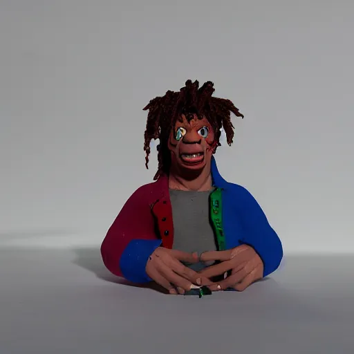 Image similar to a cinematic photograph still of trippie redd made out of clay, in claymation