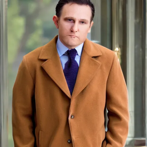 Image similar to phillip as gene hunt wearing a brown camel coat and necktie.