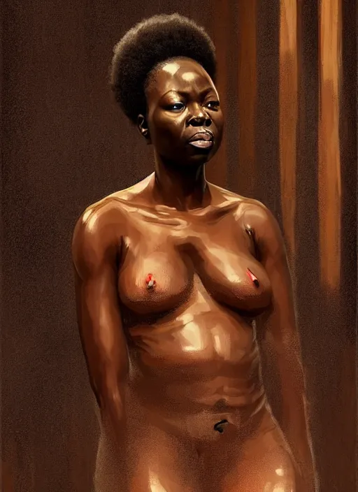 Image similar to danai gurira in finnish sauna, backround dark, highly detailed, digital illustration, trending in artstation, modern painting, smooth, sharp focus, intricate, einar jonsson, ilya repin