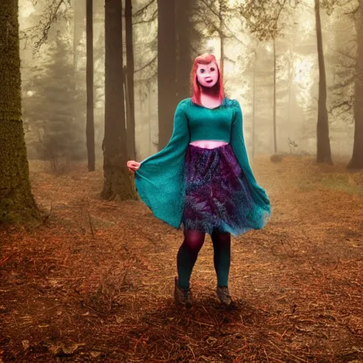 Prompt: young woman is a cottagecore witch, with rosy hair, with teal clothes, in a foggy forest, hyper - realistic, 4 k, full body, vogue photoshoot