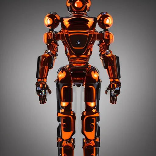 Image similar to graceful orange chrome robot, character concept art, futuristic cyberpunk humanoid machine, symmetry _ _ 4, hyperrealistic high detail 7 0 mm, 4 k