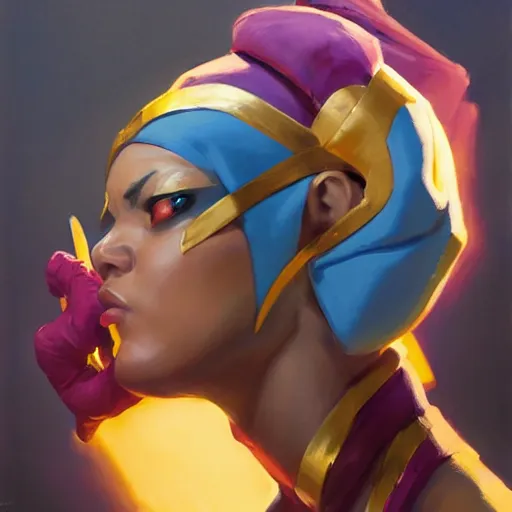 Image similar to greg manchess portrait painting of menat from street fighter as overwatch character, medium shot, asymmetrical, profile picture, organic painting, sunny day, matte painting, bold shapes, hard edges, street art, trending on artstation, by huang guangjian and gil elvgren and greg rutkowski