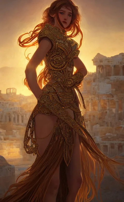 Image similar to portrait knights of zodiac girl, golden and copper shining armor, karate pose, in ruined agora of athens sunrise, ssci - fi and fantasy, intricate and very very beautiful and elegant, highly detailed, digital painting, artstation, concept art, smooth and sharp focus, illustration, art by tian zi and wlop and alphonse mucha