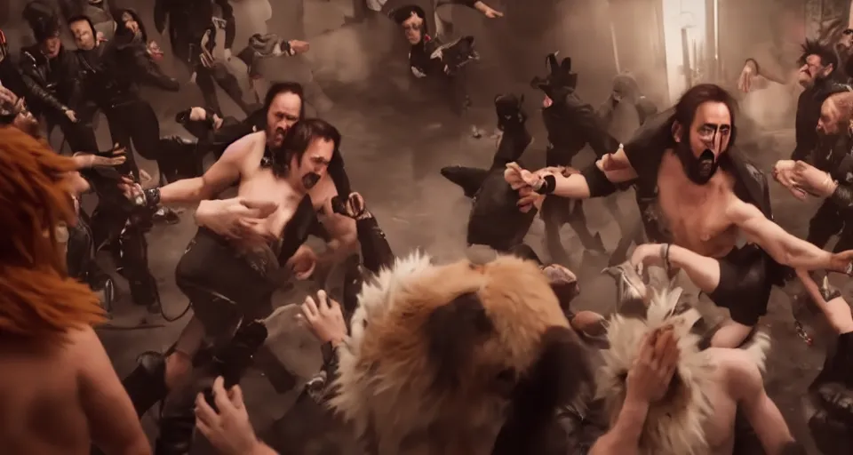 Prompt: nicolas cage beating up furry cosplayers, 8 k, octane render, choreographed fight scene, composition, shot by director park chan - wook