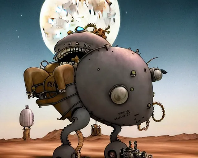 Prompt: a cell shaded cartoon grey lovecraftian mechanized demon from howl's moving castle ( 2 0 0 4 ), with a big head, on a desert road, wide shot, in front of a big moon, muted colors, post grunge, josan gonzales, wlop, by james jean, victor ngai, hq, deviantart, art by artgem