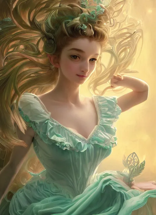 Image similar to Portrait of magical girl, dreamy and ethereal, mint green eyes, peaceful expression, ornate frilly dress, fantasy, intricate, elegant, beautiful, digital art, dynamic lighting, golden ratio, highly detailed, digital painting, trending on artstation, concept art, smooth, sharp focus, illustration, photo realistic, art by artgerm and greg rutkowski and alphonse mucha, 4K