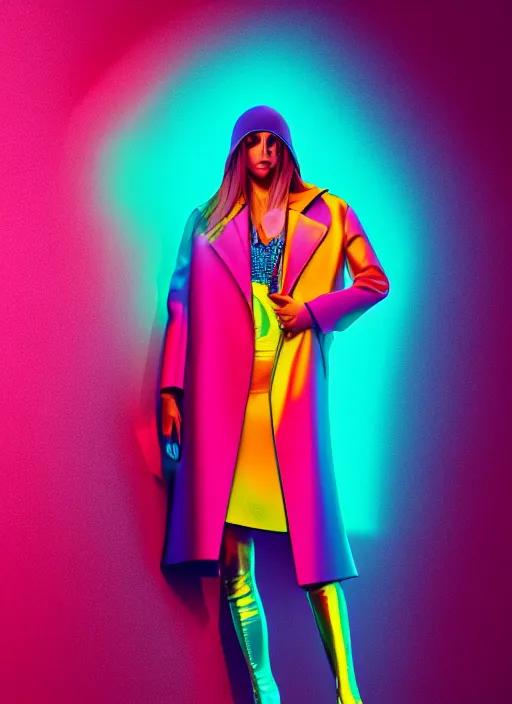 Image similar to coat for a rave, bright colors, many details, prints, photo for a magazine, photo for a store, fashion photography, Vogue, 135 mm, cinematic, hyper realism, high detail, octane render, 8k, chrome accents, perfect face model