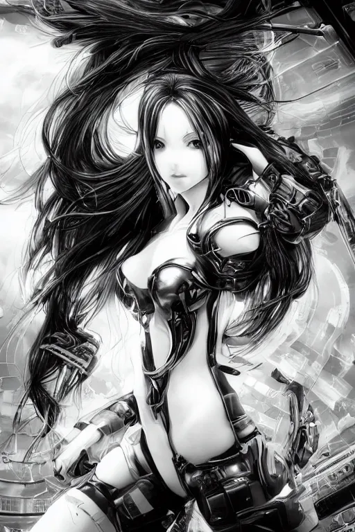 Prompt: a vertical portrait of a character in a scenic environment, black and white, dreamy, cybernetic suit, long straight black hair, highly detailed, by Yoshitaka Amano