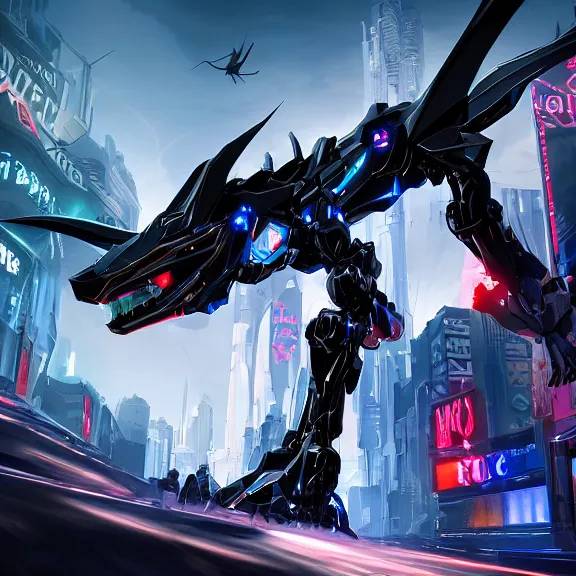 Prompt: cinematic full shot, of stunning giant beautiful godlike quadrupedal mecha dragon, sharp sleek edged black armor, shining gold accents around the edges, sharp mawshot, sleek OLED blue visor for eyes, sleek dragon legs, two massive wings that take up the frame, walking in busy neon city streets, epic shot, full body shot, highly detailed art, sci fi, furry, 8k HD, 3D realistic, warframe fanart, destiny fanart, furry art, dragon art, feral art, macro art, furaffinity, DeviantArt, sofurry