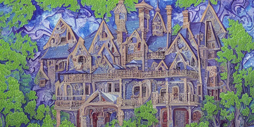 Image similar to Fractal mansion, detailed gouache painting